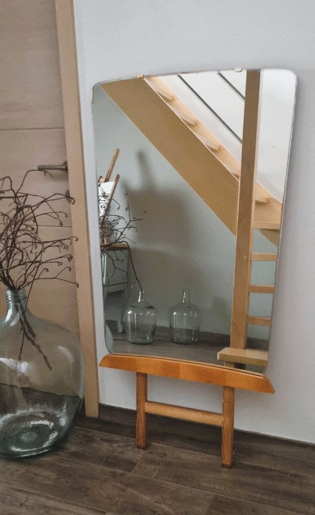Unieke vintage staande spiegel uit 1963 met messing details, Ophalen, Overige vormen, 50 tot 100 cm, 100 tot 150 cm