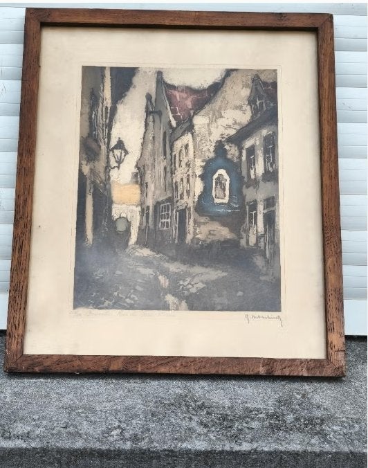 Gravure bruxelles rue des chien marin signe Roger hebbelinck, Antiquités & Art, Enlèvement ou Envoi, Gravure