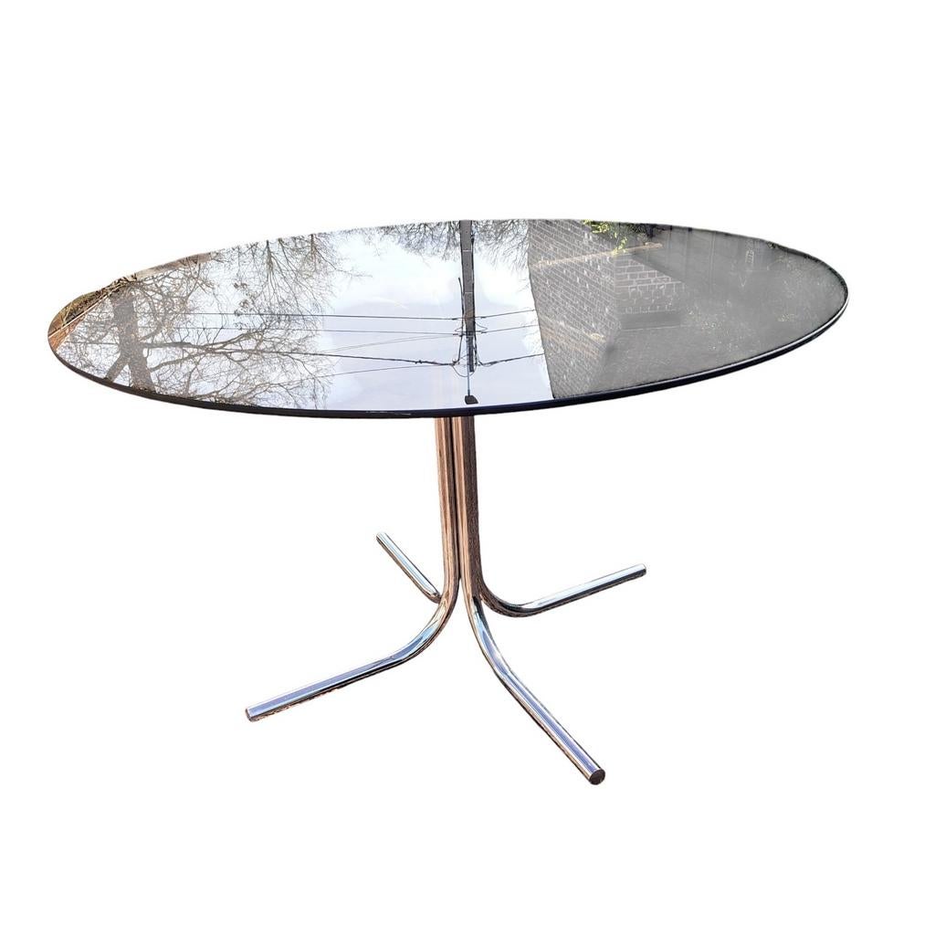 Vintage eettafel fumé glas met chrome poot, Huis en Inrichting, Ophalen of Verzenden, Glas