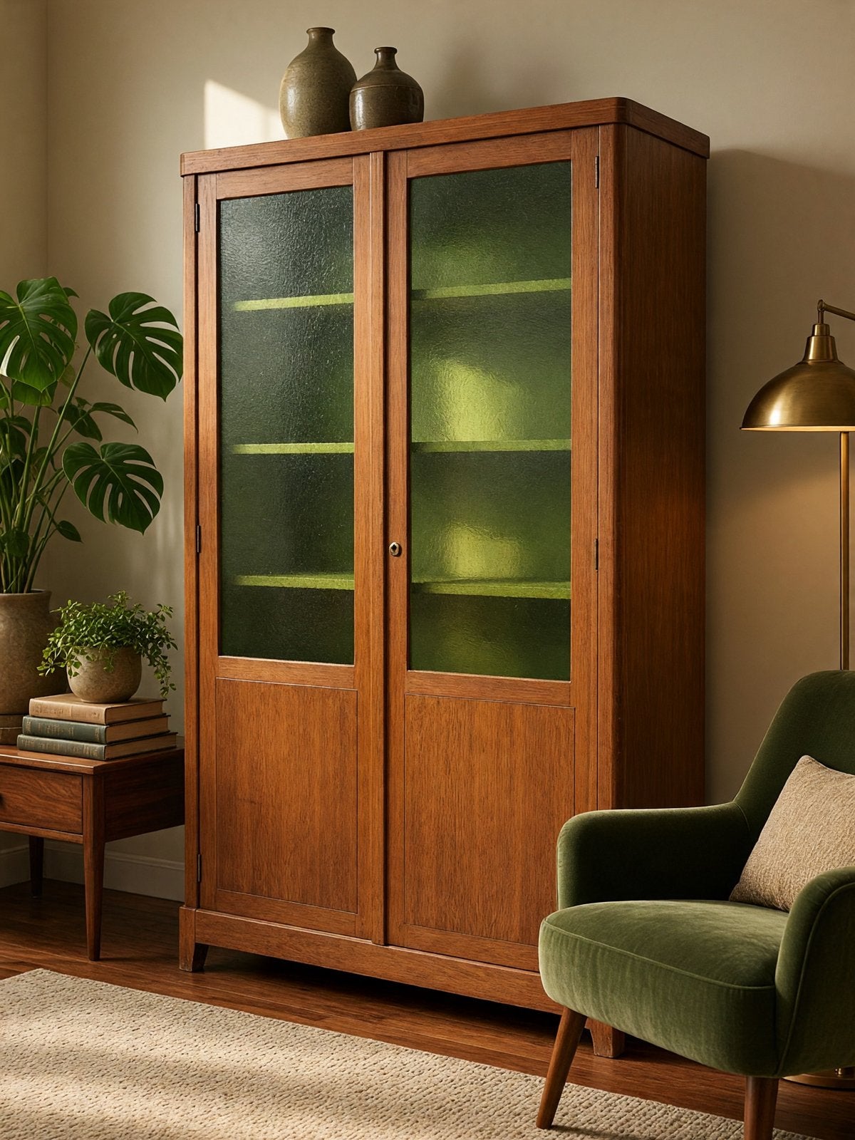 Vintage houten vitrinekast met groen glas, Ophalen of Verzenden, Gebruikt