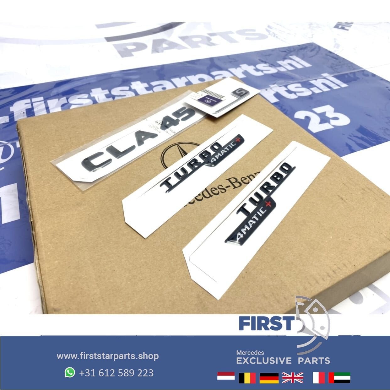 W118 X118 CLA45S AMG LOGO SET ZWART EMBLEMEN Mercedes CLA KL, Utilisé, -, -, Enlèvement ou Envoi