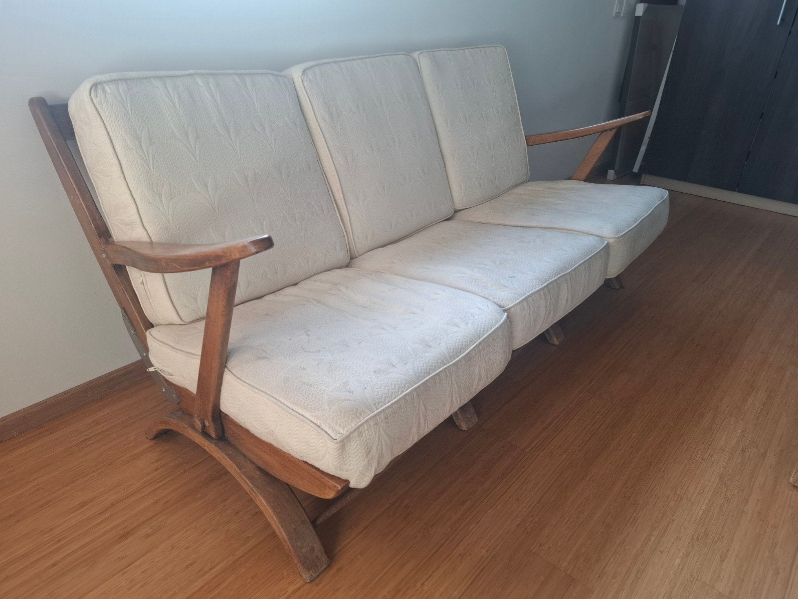 Vintage 3-zit zetel (jaren '60) - houten frame, Ophalen, Hout, Gebruikt, 150 tot 200 cm