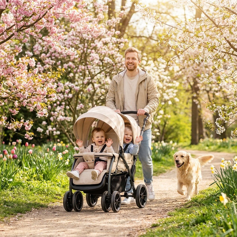 Deryan Elena Buggy Nougat -  Duobuggy met regenhoes op=op, Kinderen en Baby's, Ophalen of Verzenden