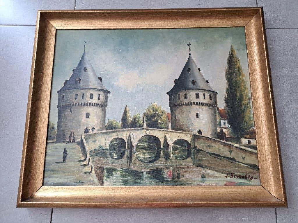 Schilderij van de broeltorens Kortrijk, Antiek en Kunst, Kunst | Schilderijen | Klassiek, Ophalen, Overige stijlen, Doek, Gesigneerd
