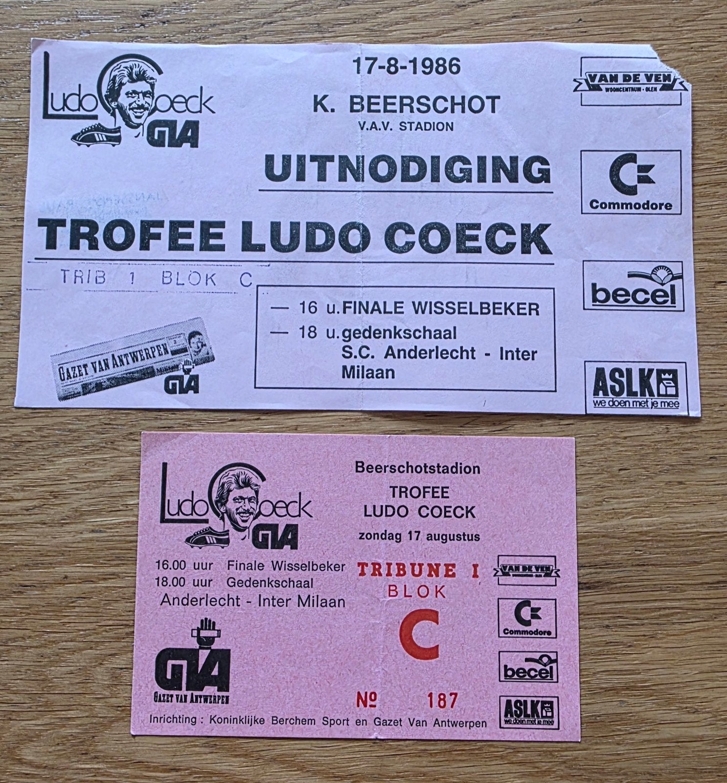 Ticket en uitnodiging Trofee Ludo Coeck (1986) : Anderlecht, Verzenden, Gebruikt