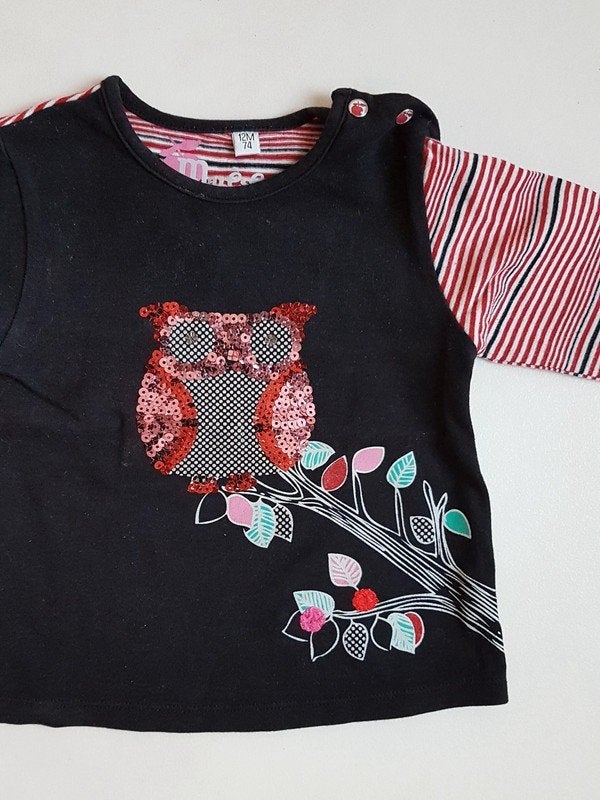 MARESE - Blouse manches longues, hibou, sequins, T.12 mois, Kinderen en Baby's, Gebruikt, Meisje, Ophalen of Verzenden, Marèse