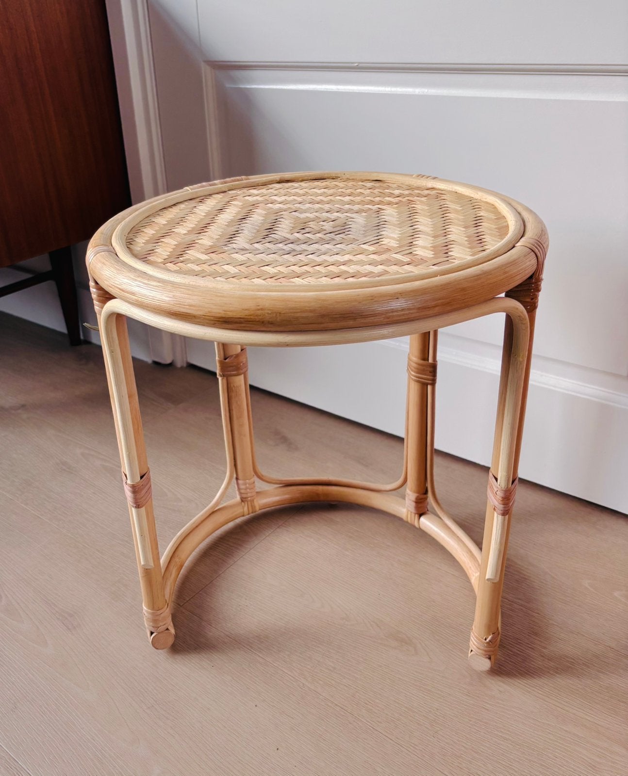 Vintage Rotan / Bamboe Krukje – Bijzettafel – Boho /Jaren 70, Ophalen, Zo goed als nieuw