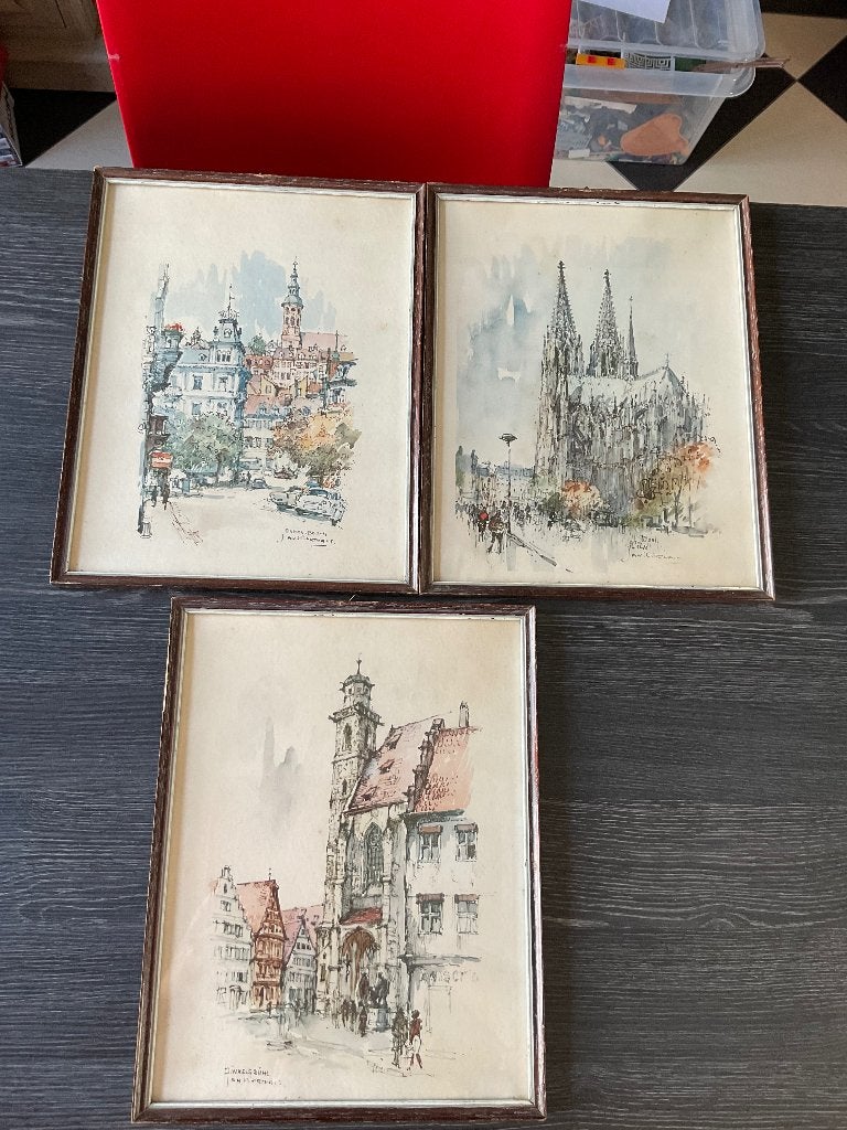 3 x aquarel Jan Korthals kader met glas, Antiek en Kunst, Kunst | Schilderijen | Klassiek, Ophalen of Verzenden, Achter glas, Aquarel