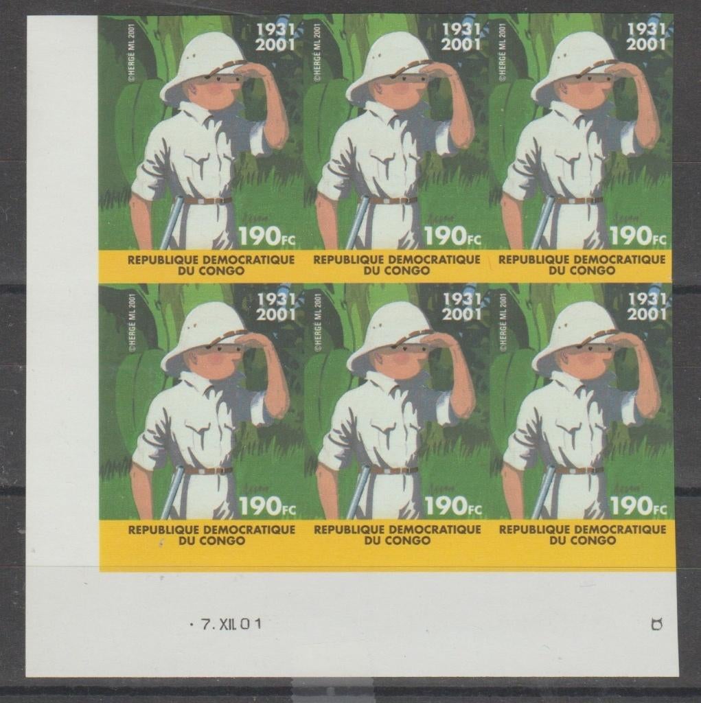 D.R. Congo 2001 Kuifje in Congo hoekstuk van 6 ongetand **, Postzegels en Munten, Ophalen of Verzenden, Overige landen, Postfris