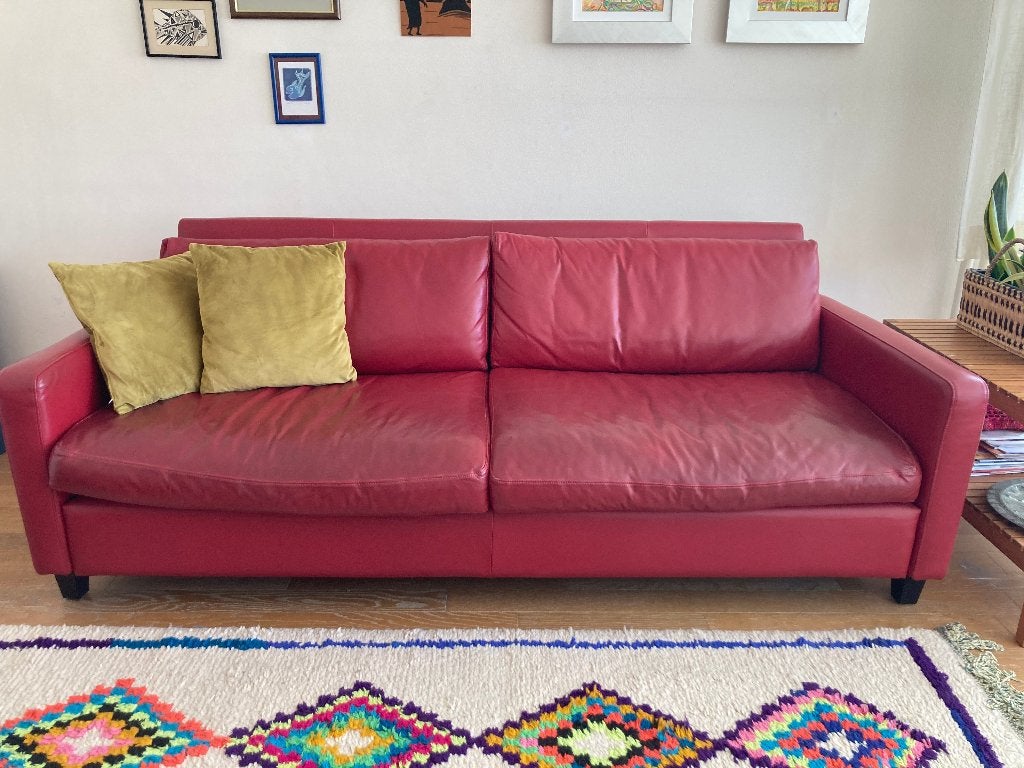 2zit zetel Habitat in mooi gepatineerd rood leder 100 €, Ophalen, Gebruikt, 150 tot 200 cm, Driepersoons