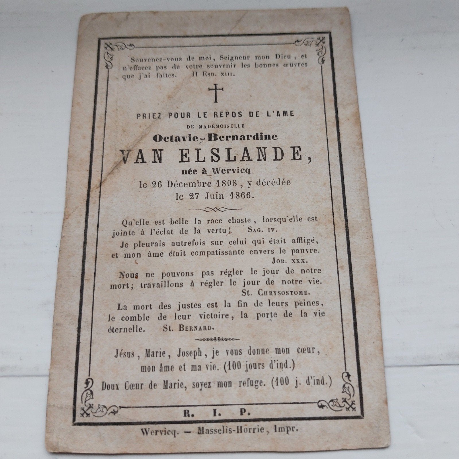 Bidprentje Wervik 1808-1866, Ophalen of Verzenden, Bidprentje