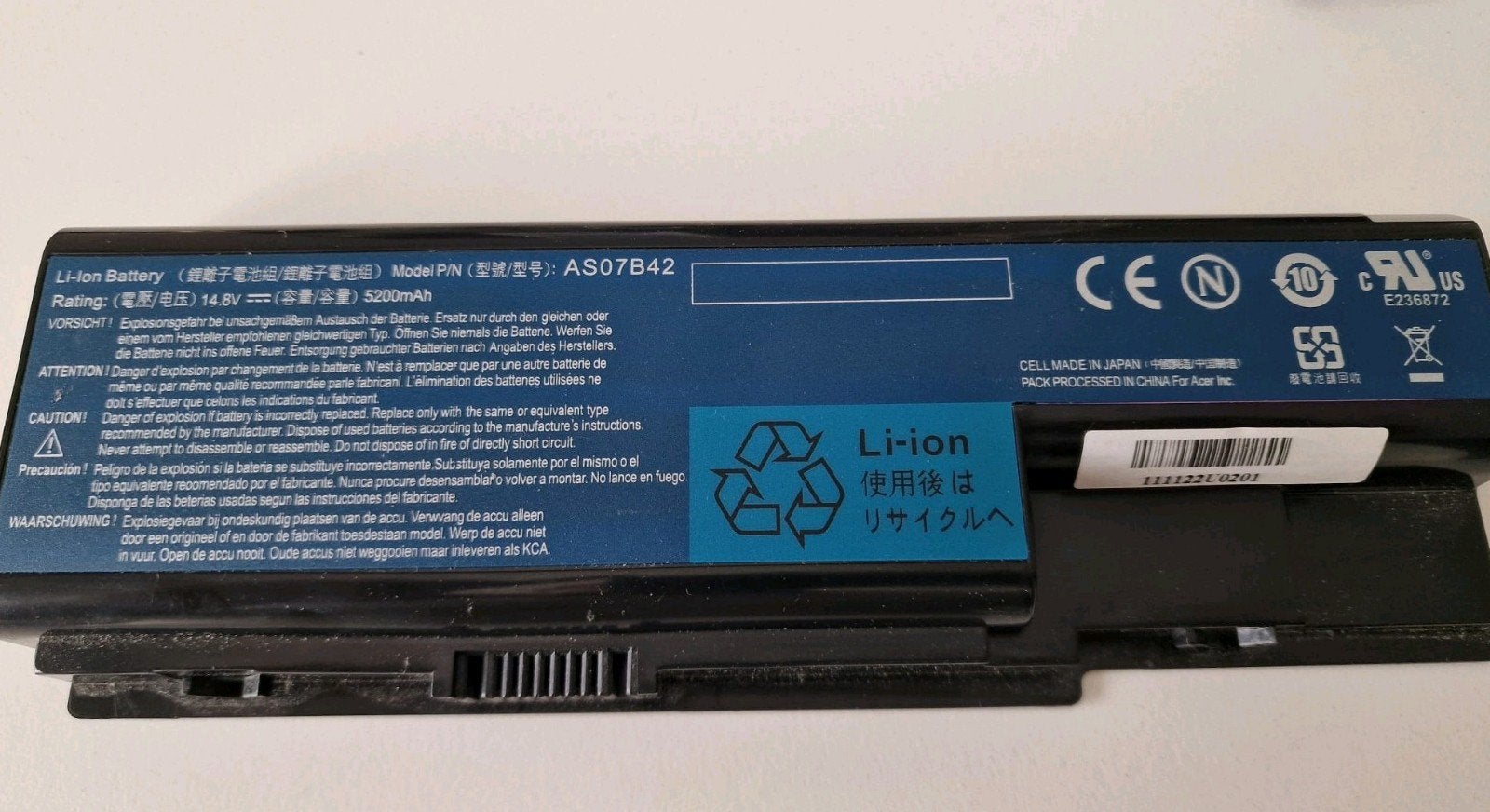 laptop batterij, 5200 mAh, Li-ion, Ophalen, Gebruikt, Acer