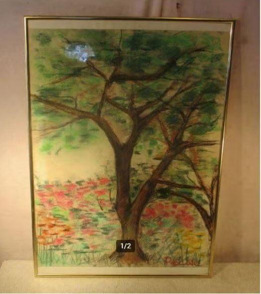 Beau dessin « Arbre et fleurs » - signé, Antiquités & Art, Enlèvement ou Envoi