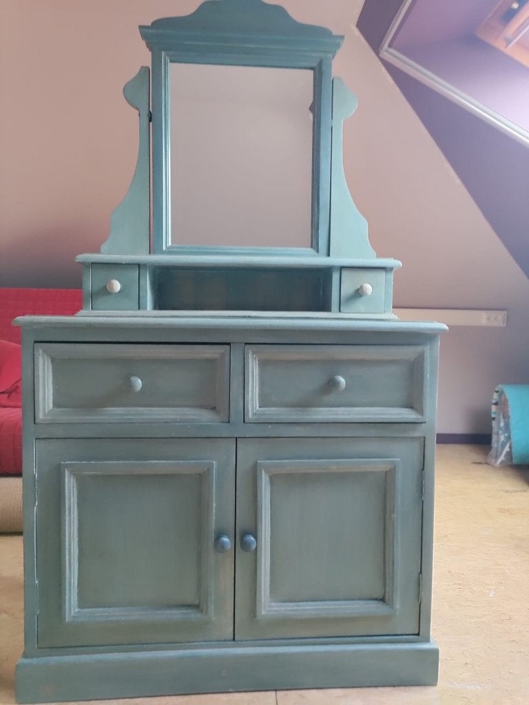 Blauw eikenhouten kast met spiegel, Ophalen, Zo goed als nieuw