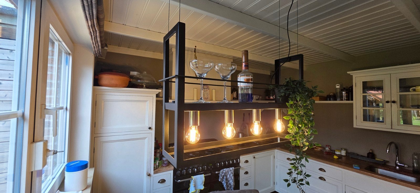 Industriële hanglamp met 5 edison lampen, Huis en Inrichting, Ophalen, Metaal