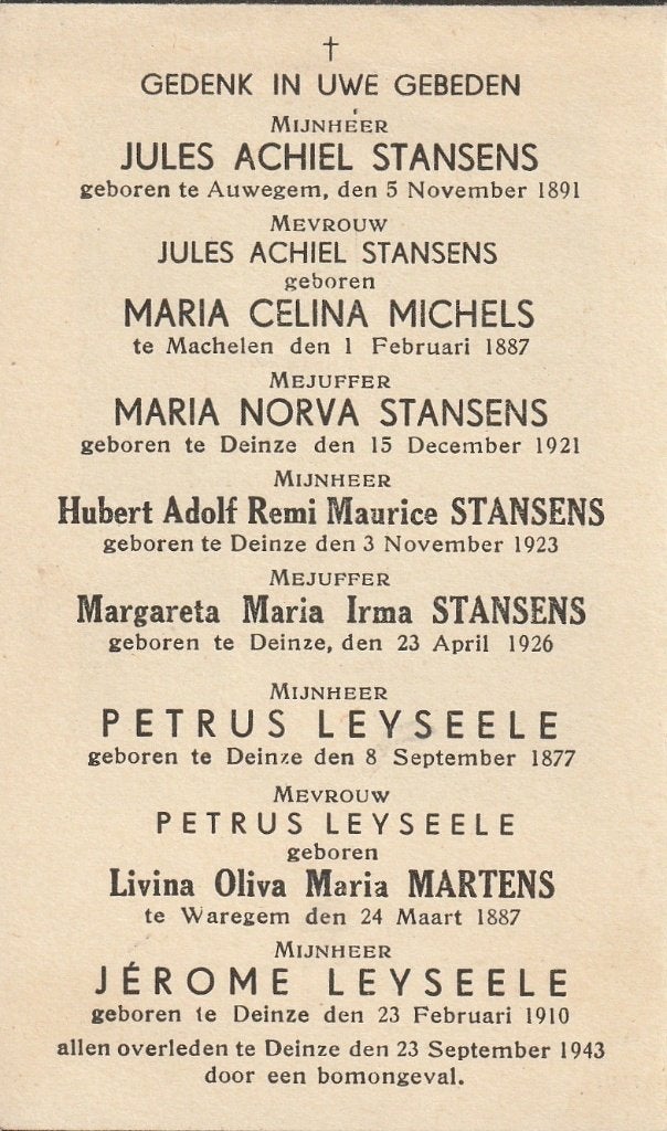 Oorlog 1940-45  bomongeval Deinze namen zie prent, Enlèvement ou Envoi