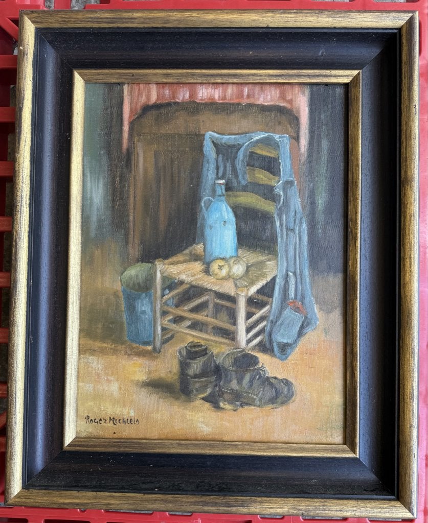 olieverfschilderij met lijst van Roger Michiels, Antiquités & Art, Enlèvement, Vintage, Peinture à l'huile, Nature morte