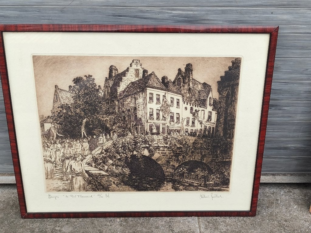 Gravure bruges le pont flamand signe Albert goethals, Antiek en Kunst, Ophalen of Verzenden, Gravure