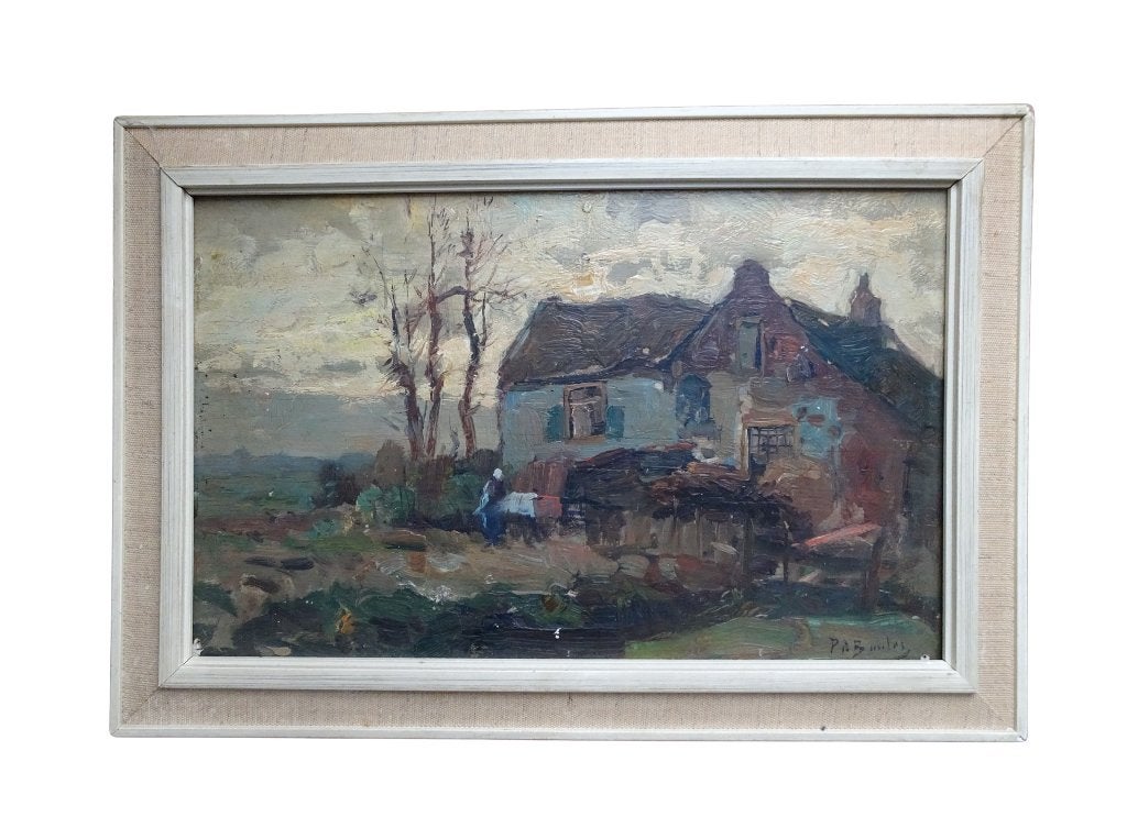 Veilinghuis Oranje- Peindre un paysage dans la ferme Bouter?, Peinture à l'huile, Panneau, Paysage, Signé