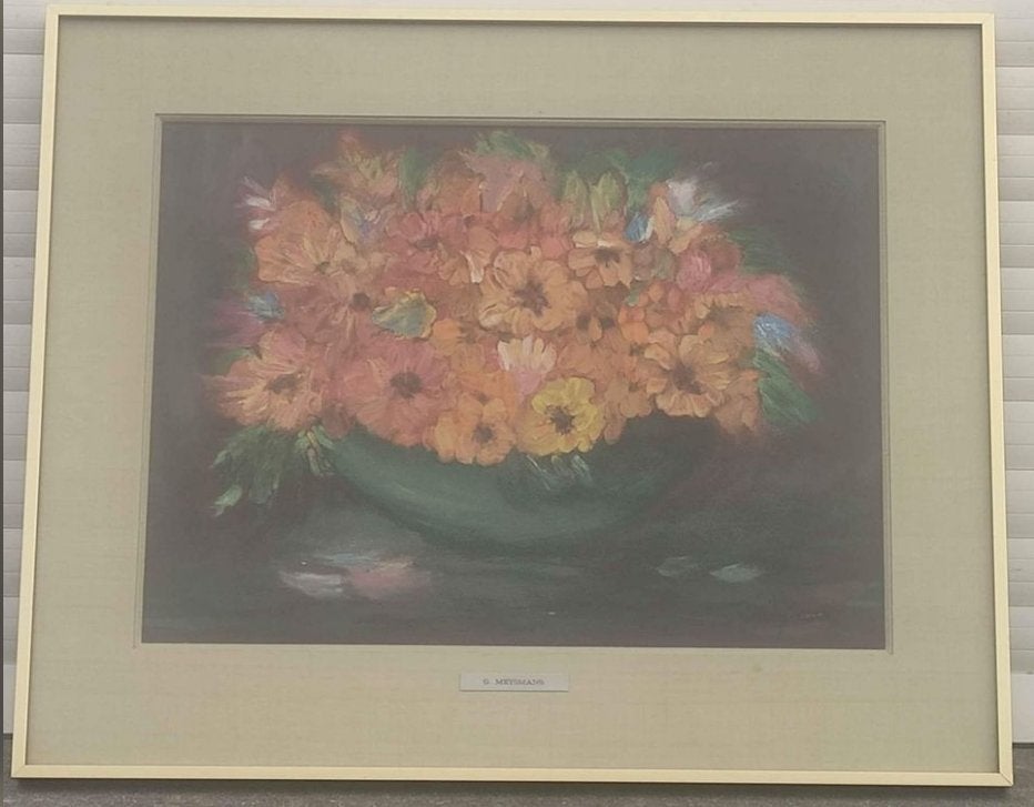 Huile encadré fleurs signe g meysmans, Antiquités & Art, Enlèvement ou Envoi, Encadré, Fleurs, Toile
