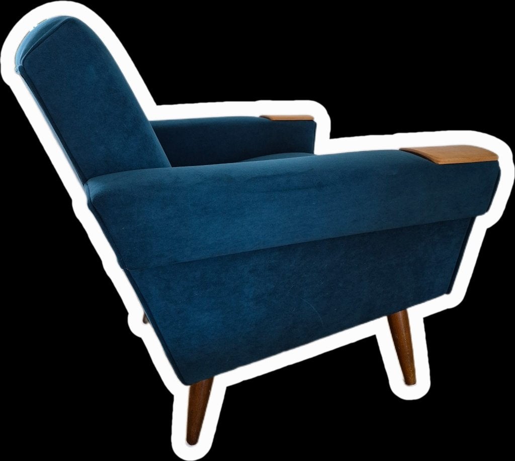 Fauteuil vintage scandinave/mid-century années 1960 bleu, 75 à 100 cm, Mid century, scandinave, vintage, 1960, bleu canard, velours