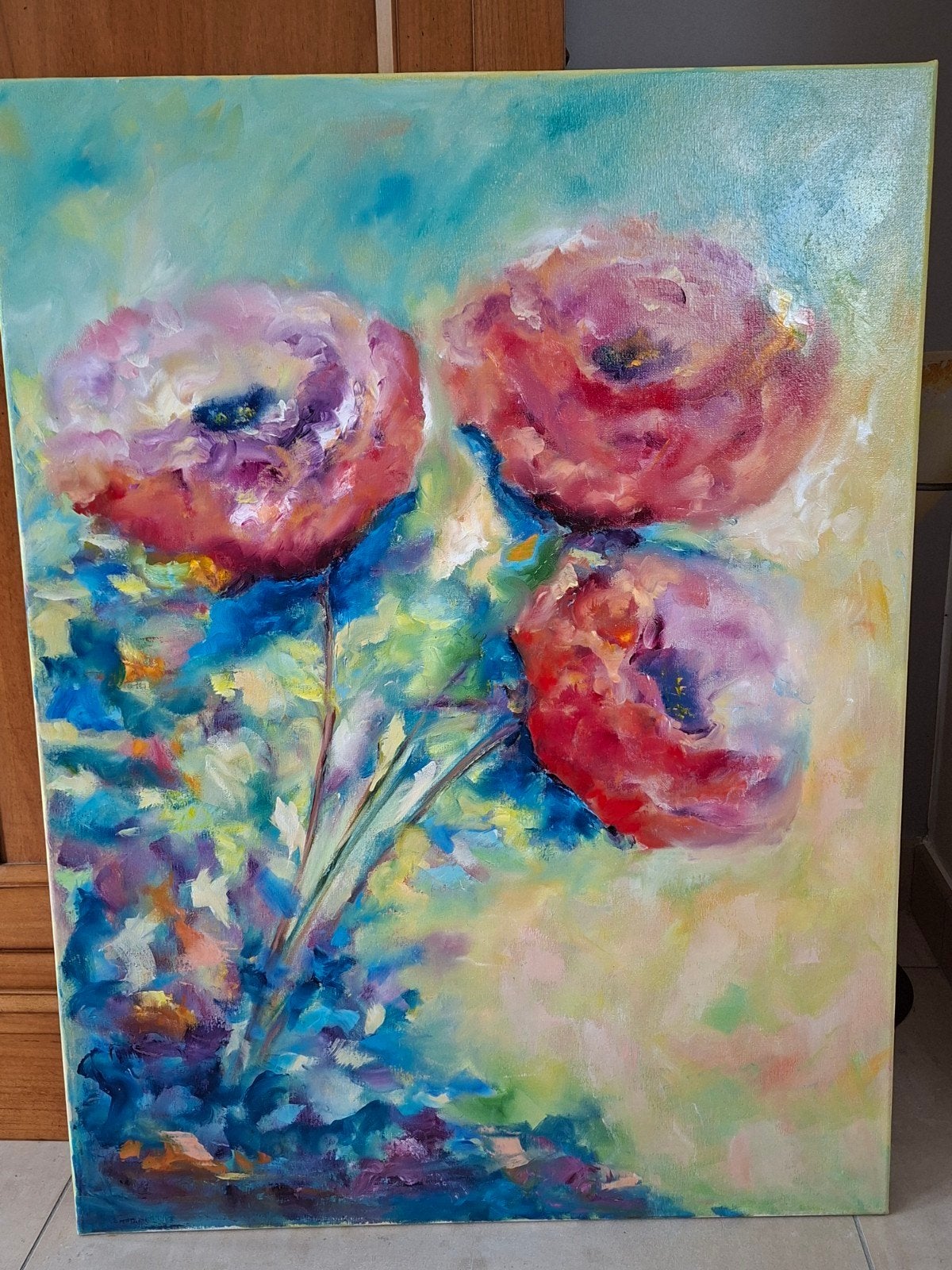 printure a l’huie, Antiek en Kunst, Handgeschilderd, Ophalen of Verzenden, Olieverf, Bloemen
