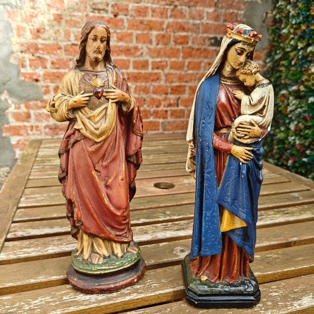 2 antieke religieuze beelden van +-30cm hoog, Antiek en Kunst, Ophalen