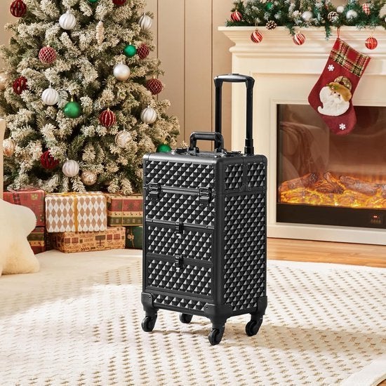 Cosmeticakoffer trolley zwart, 3-in-1, met 2 laden, Ophalen, Nieuw, Zwart