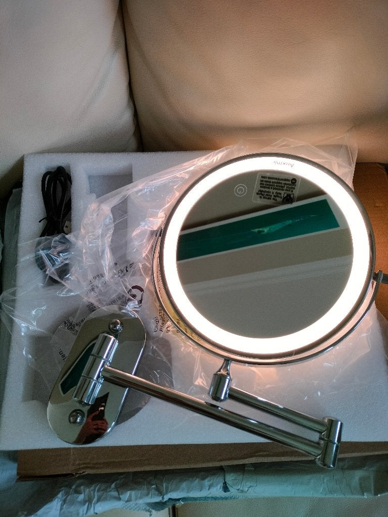 Miroir + miroir grossissant 5x avec éclairage, Gebruikt, Gehele gezicht, Ophalen of Verzenden, Accessoires