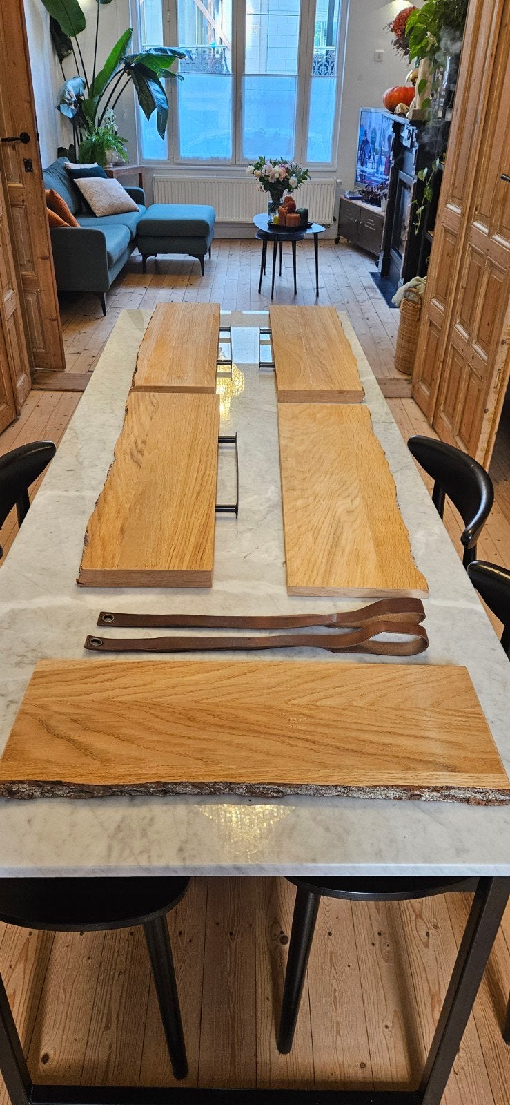Set houten wandplanken – boomstamlook – incl. leren riemen, Ophalen