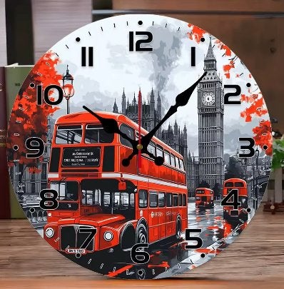 Ronde wandklok van hout Engelse Bus (25cm), Ophalen of Verzenden, Nieuw, Wandklok