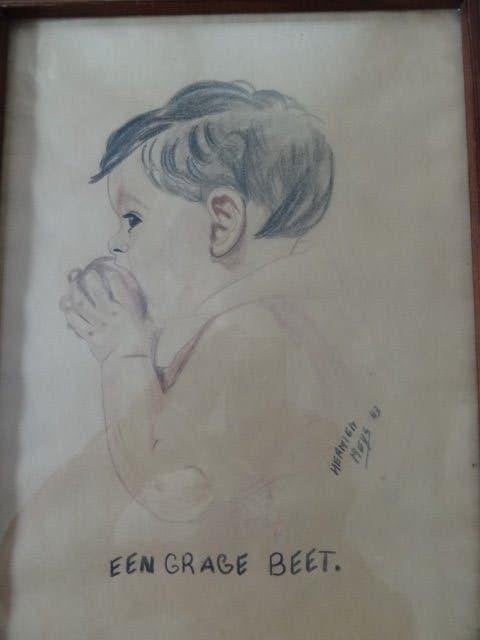 Dessin au crayon de 1943, morsure dans une pomme, Antiquités & Art, Envoi, Dessin, Dessin au crayon, Sous verre