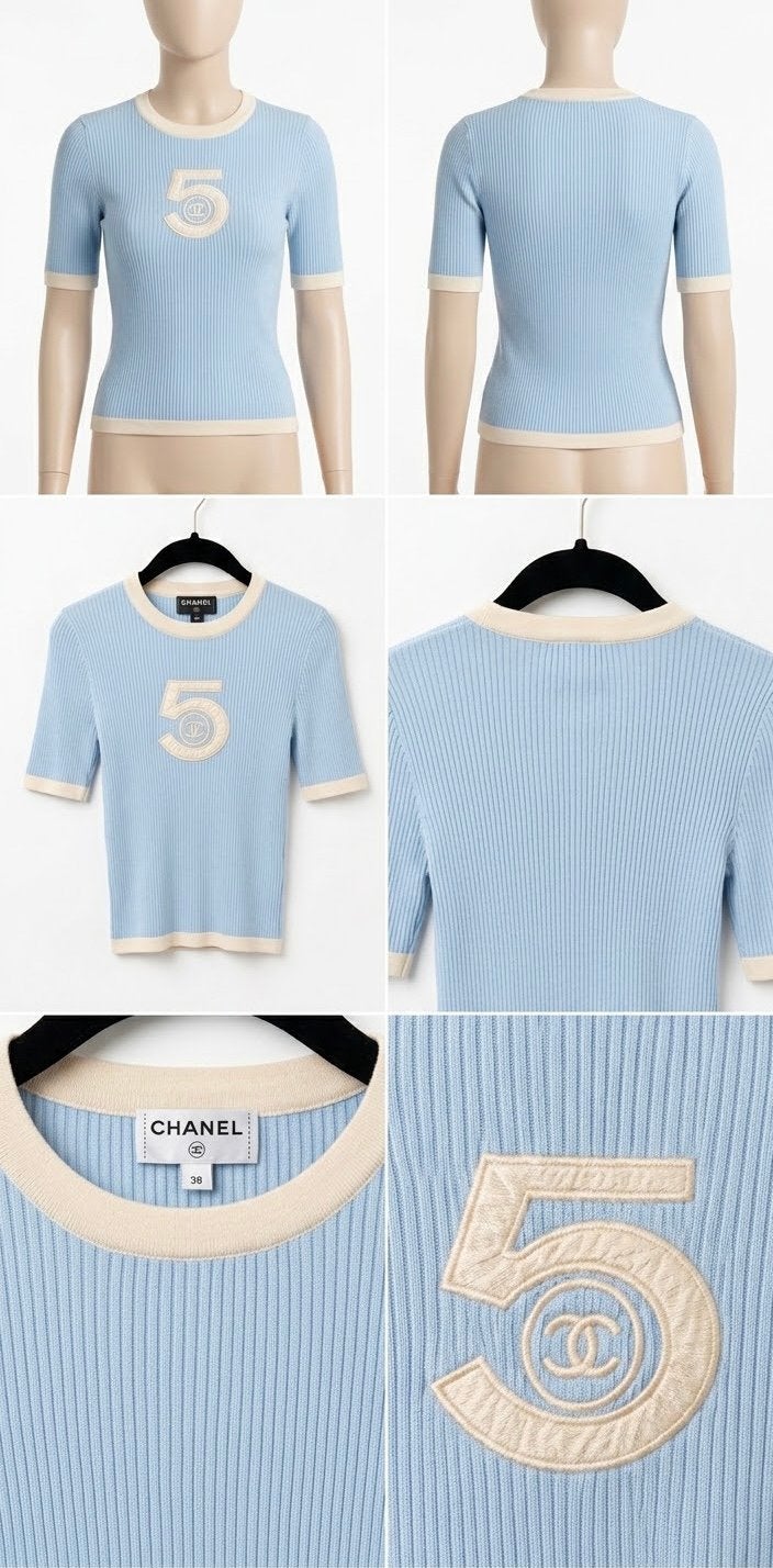 Chanel Ribgebreide '5' Logo Top - Lichtblauw&Crème - Maat 38, Vêtements | Femmes, Enlèvement ou Envoi, Comme neuf, Taille 38/40 (M)