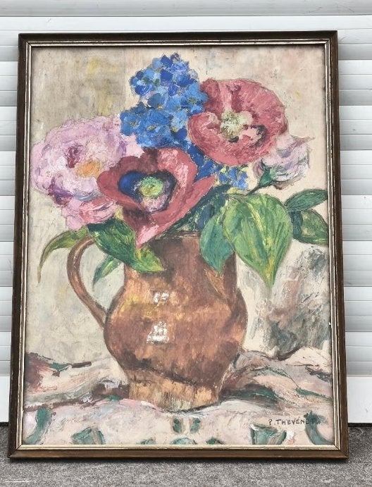 huile sur papier fleurs signe pierre thevenet, Antiquités & Art, Art | Peinture | Classique, Enlèvement ou Envoi, Fleurs, Papier