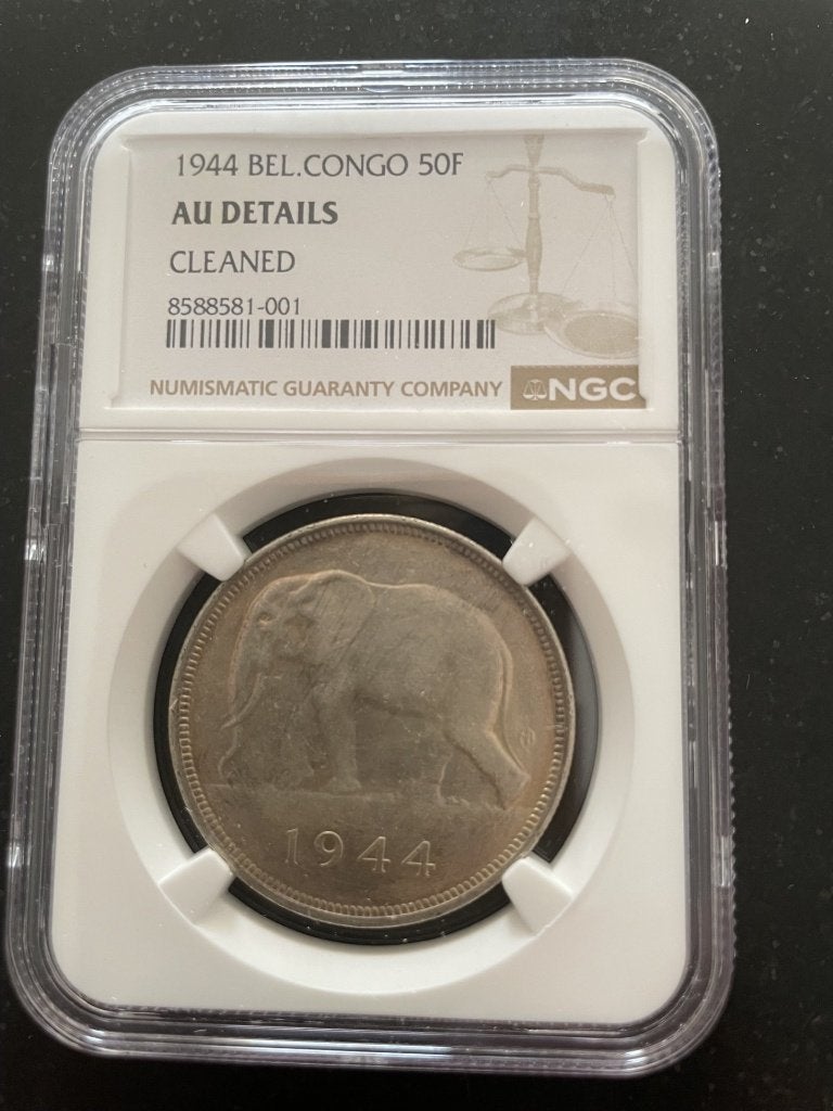 1944 Belgisch Congo 50 frank NGC, Zilver, Ophalen of Verzenden, Losse munt, Zilver