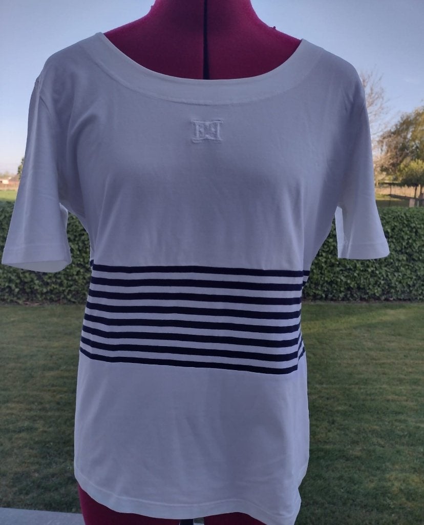 T-shirt ESCADA rayé blanc/bleu marine EU 42, Taille 42/44 (L), Manches courtes, ESCADA, Comme neuf