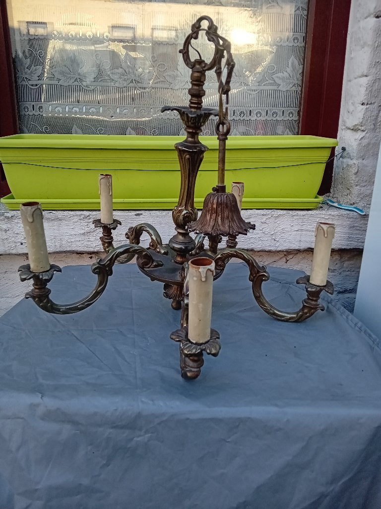Oude vergulde bronzen kroonluchter, Antiek en Kunst, Ophalen of Verzenden, Brons