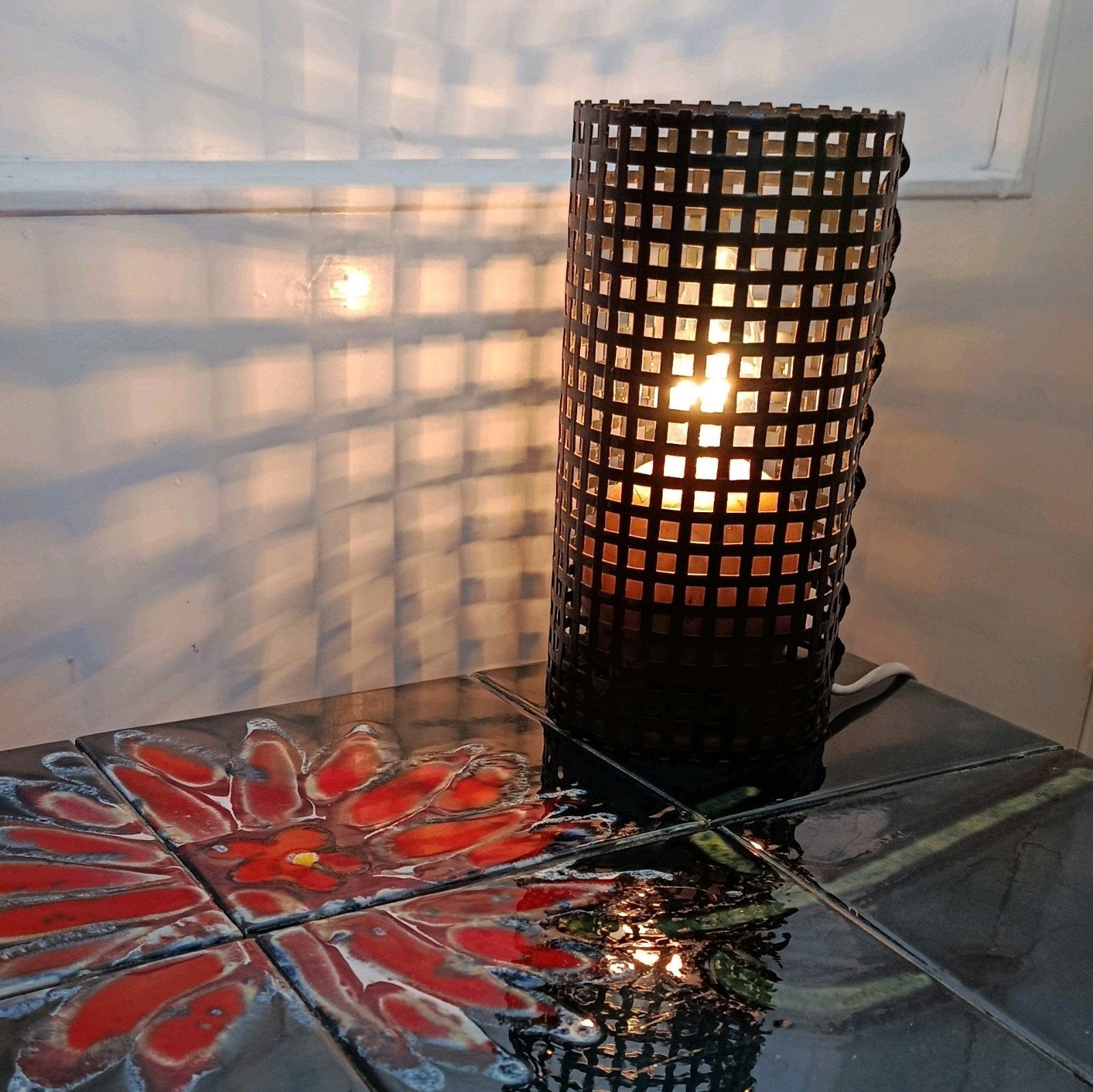 Lampe bois & métal, h19.5, diam 10, Utilisé