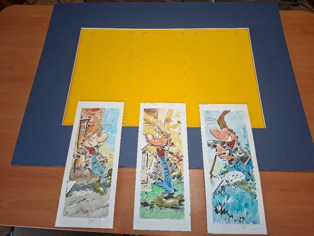 Lot de 3 dessins originaux de Pierre Tombal  ( Positions ), Marc Hardy, Nieuw, Ophalen of Verzenden, Meerdere stripboeken