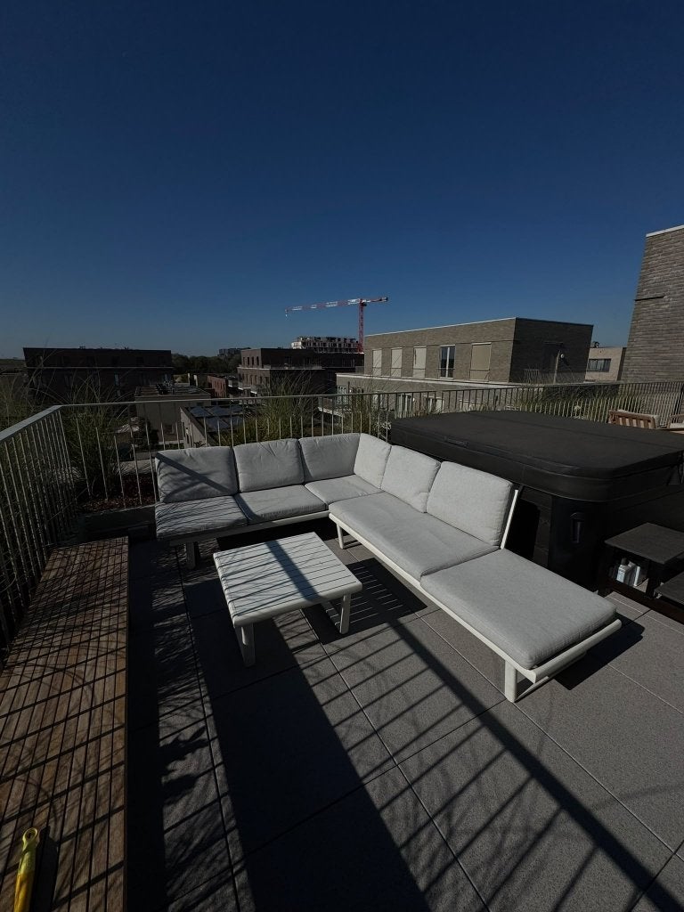 Lanterfant hoek loungeset wit alu + ligbed + tafel, Tuin en Terras, Ophalen, Gebruikt, 6 zitplaatsen, Bank