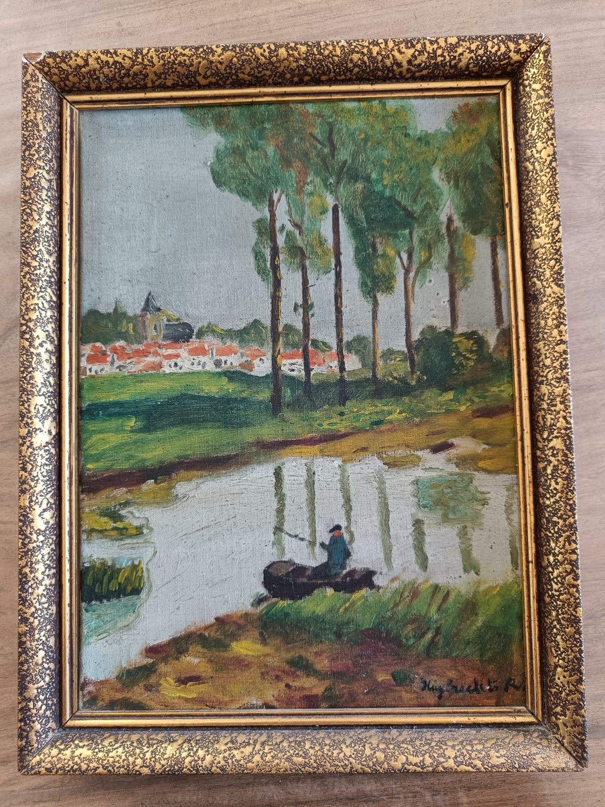 Schilderij Huybrechts R. Boot / Dorp / Rivier, Ophalen of Verzenden, Gesigneerd, Stads- / dorpsgezicht