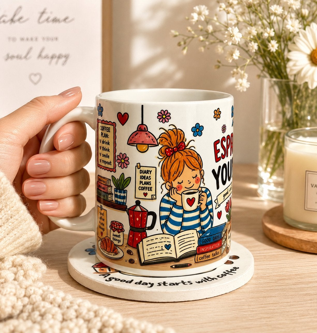 Koffiemok Coffee Lover 330ml met Keramische Onderzetter, Verzenden, Keramiek, Nieuw, Mok