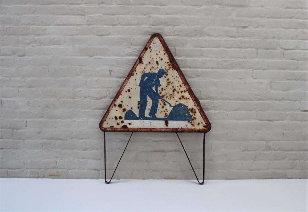 ancien panneau de signalisation: Travaux, '50, Antiquités & Art, Curiosités & Brocante, Enlèvement ou Envoi
