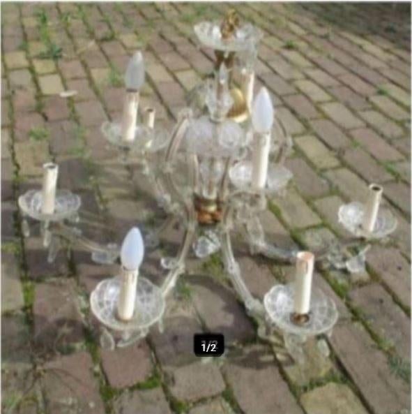 Mooie Antieke Glazen Luchter met 9 lichtpunten, Ophalen