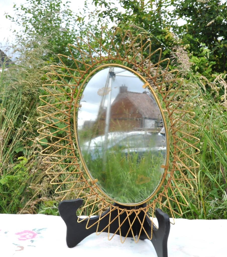 miroir vintage ovale avec tour metal croisé, Enlèvement ou Envoi, Ovale