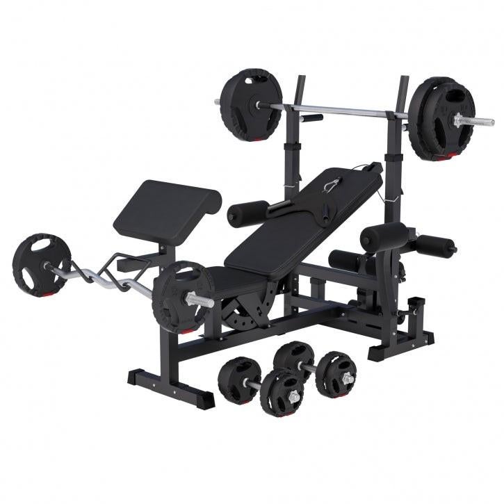 Complete Universele Halterbank + 100 kg Halterset – Homegym, Sport en Fitness, Ophalen, Kunststof, Rug