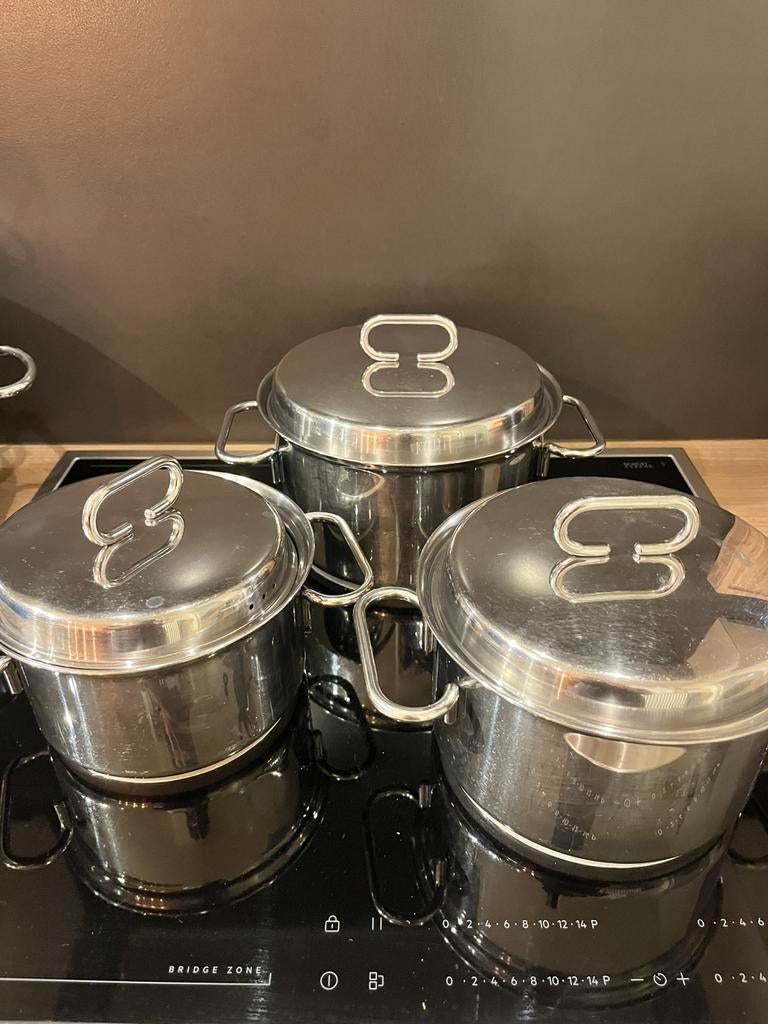 Pottenset brabantia 3 potten, Huis en Inrichting, Inox, Gebruikt, Keramische plaat, Pannenset