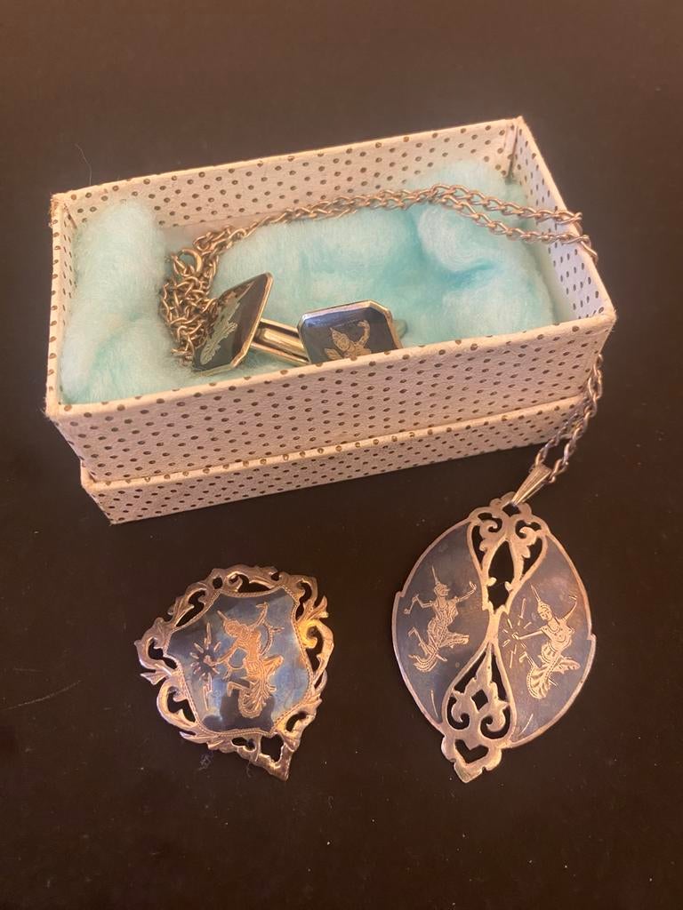 Vintage Thaise Danser Sieradenset - Hanger, Broche, Manchetk, Antiek en Kunst, Ophalen of Verzenden