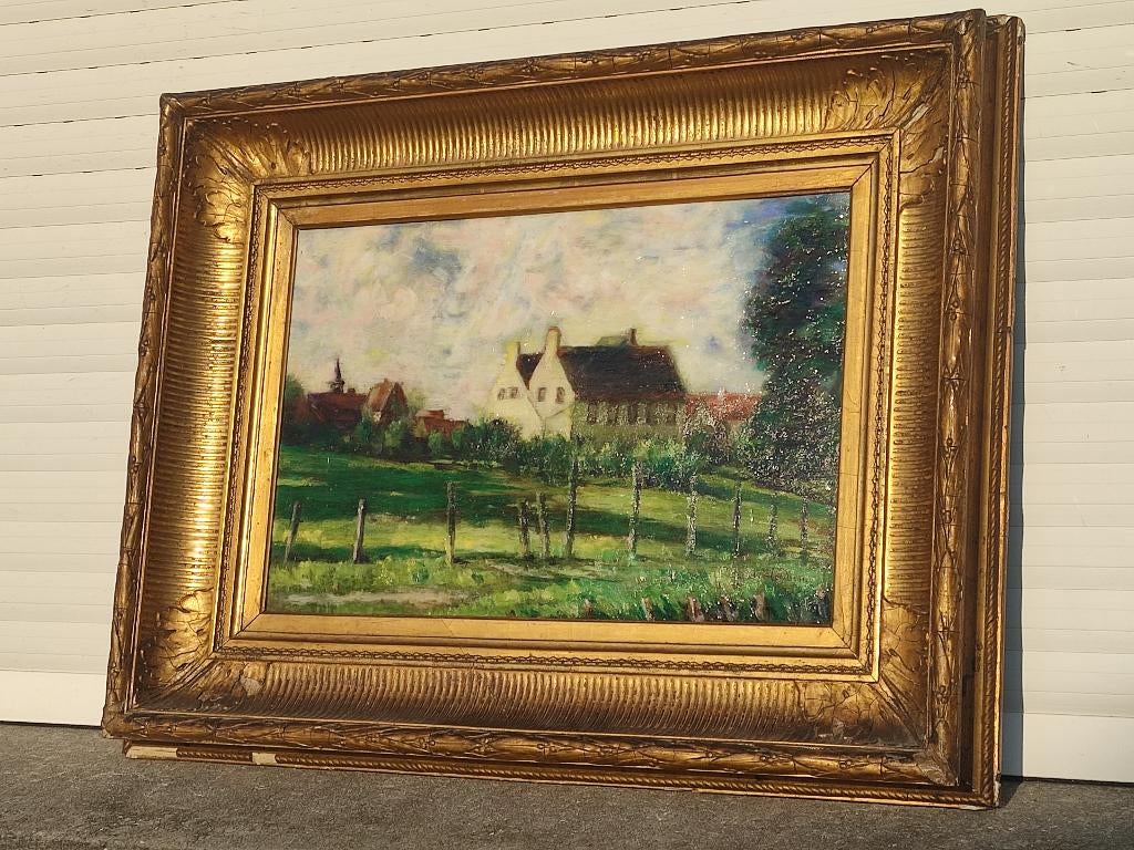 huile sur panneau paysage avec maison signe charles houben, Antiek en Kunst, Ophalen of Verzenden