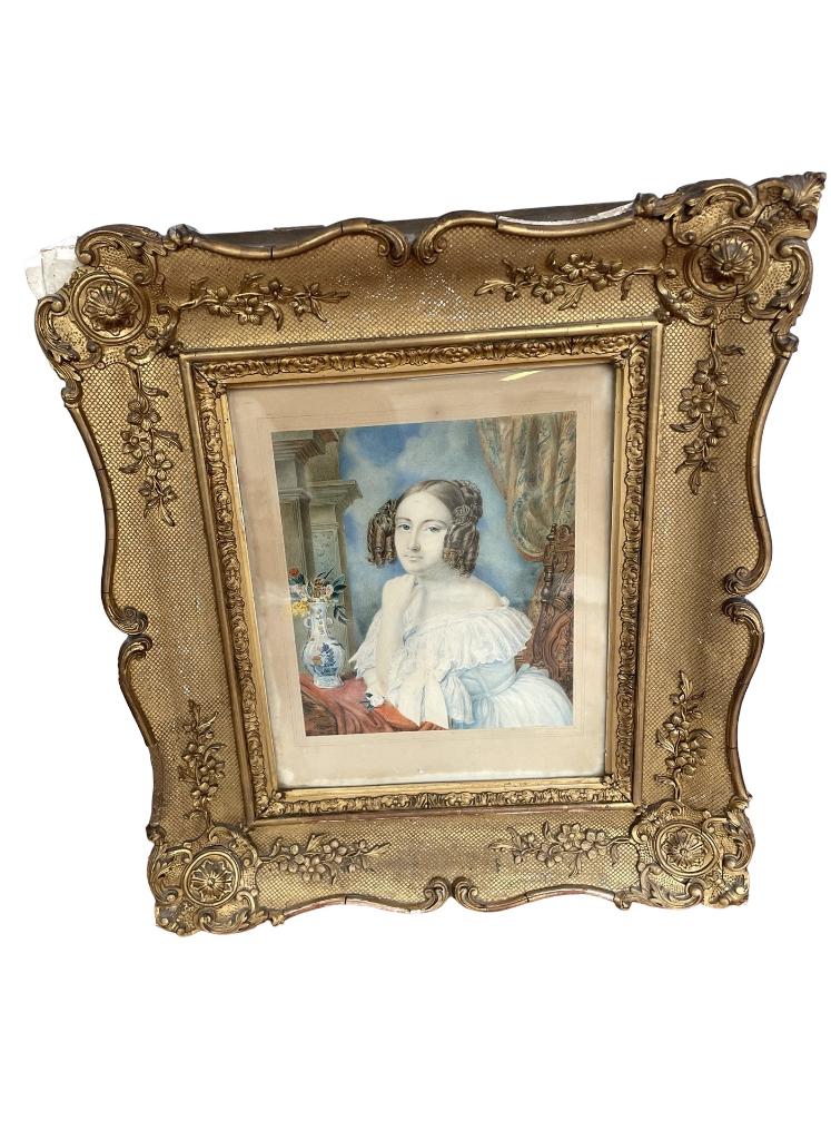 Aquarelle sur Papier "Jeune Femme Accoudée" – Signée - 1841